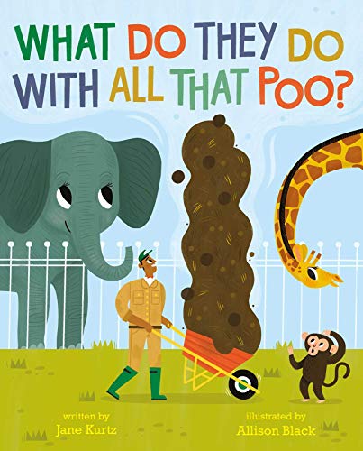 A zookeeper pushes a wheelbarrow of dung past an elephant, giraffe, and monkey.
