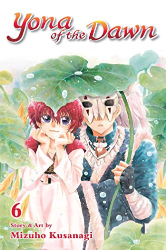 Manga cover featuring Yona and a masked man standing under a large green leaf.