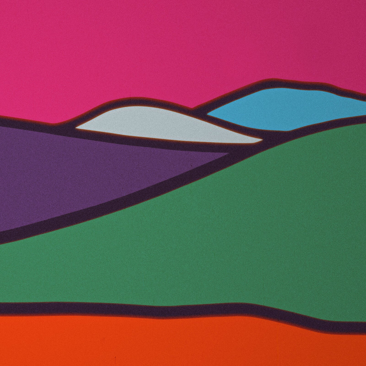 Abstract landscape painting with colorful, layered shapes and bold outlines.