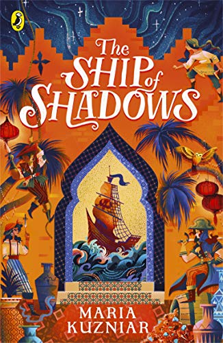 Book cover: “The Ship of Shadows” with a ship, figures, and ornate archway.