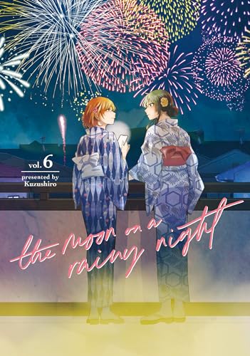 Two girls in yukata stand on a balcony watching fireworks against a night sky.