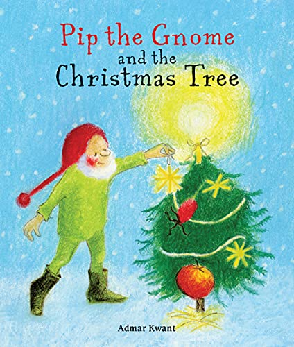 Book cover: gnome decorating a Christmas tree with yellow ornaments.