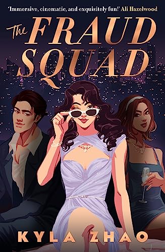 Book cover: three illustrated people, city lights, and title "The Fraud Squad.