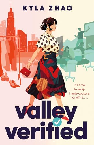Book cover: woman in colorful outfit walking in a city scene.