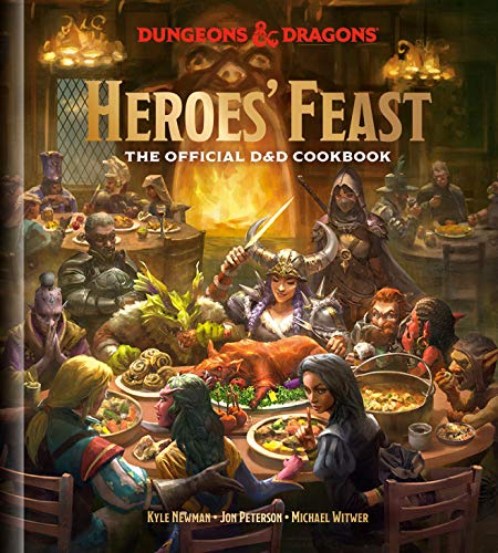 “Heroes’ Feast” D&D cookbook cover with fantasy adventurers at a bountiful table.