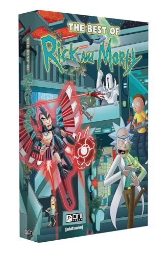 Rick and Morty comic book collection slipcase, colorful characters, spaceship interior.