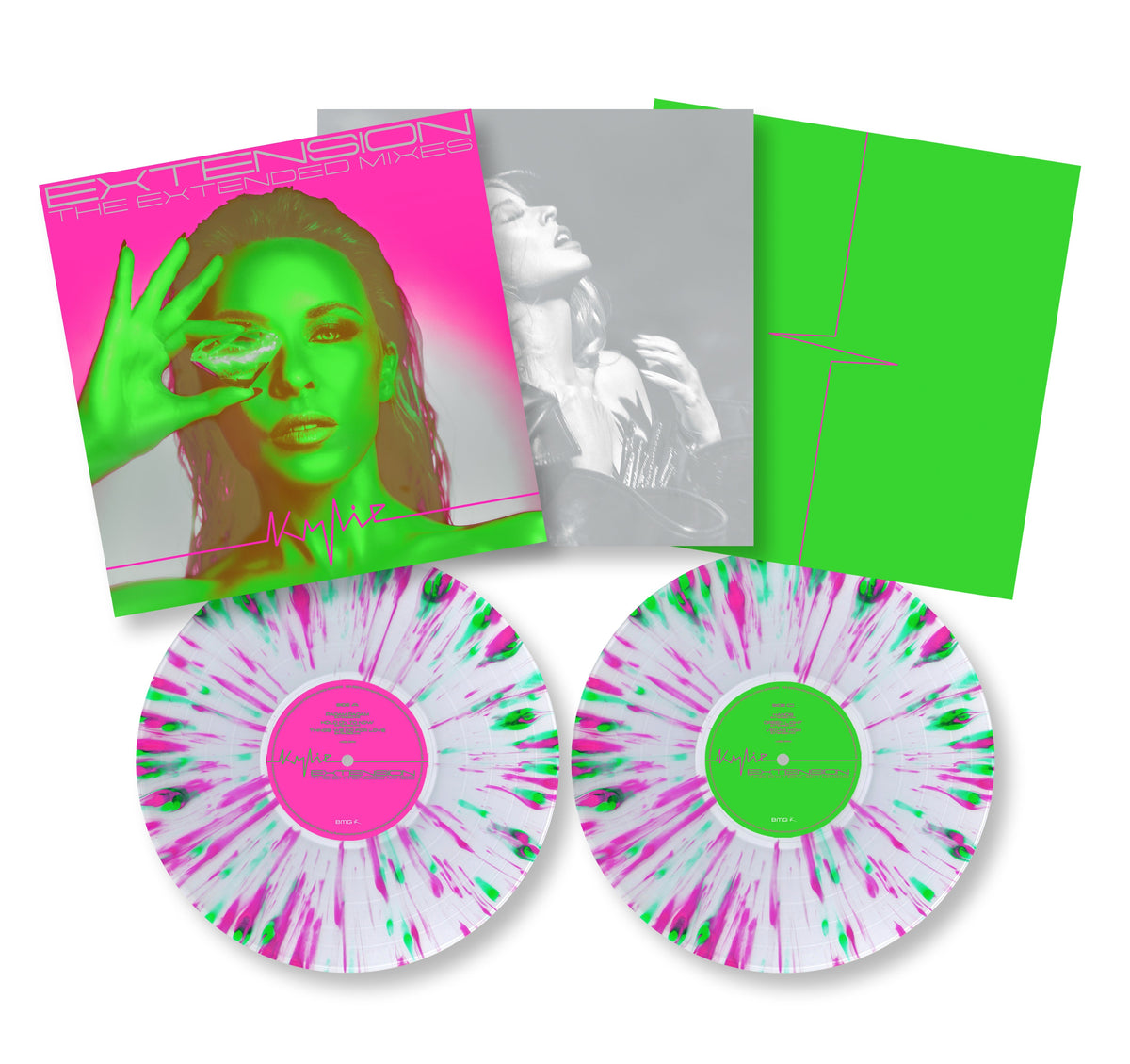 Kylie Minogue “Extension” vinyl record with pink and green splatter discs.