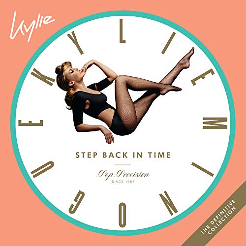 Kylie Minogue album cover featuring a woman inside a clock face on peach background.