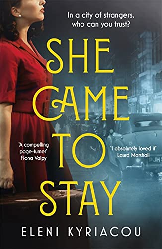 Book cover: woman in red dress, vintage city street background.