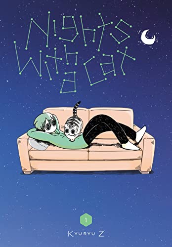 Manga cover: person and cat relaxing on a couch under stars.