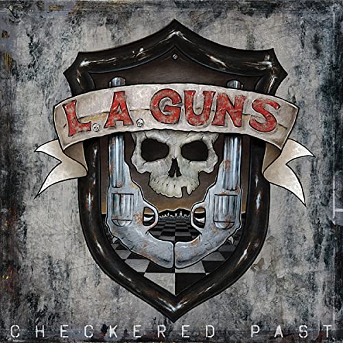 L.A. Guns album cover: skull with crossed pistols on shield.