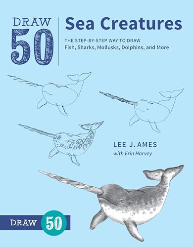 Book cover: "Draw 50 Sea Creatures" with sketches of fish and a whale.