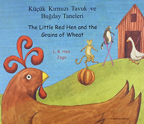 Cover of "The Little Red Hen" bilingual book with farm animals.