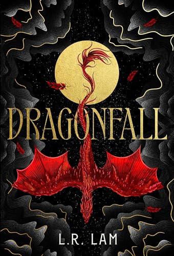 A red dragon flies against a starry night sky with a large golden moon.