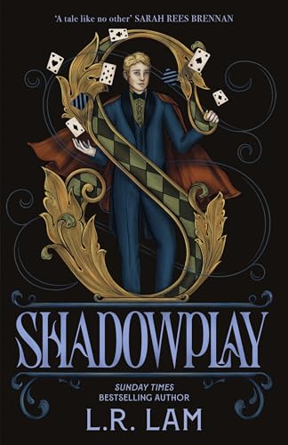 Book cover: man in blue suit juggling cards within ornate gold frame.