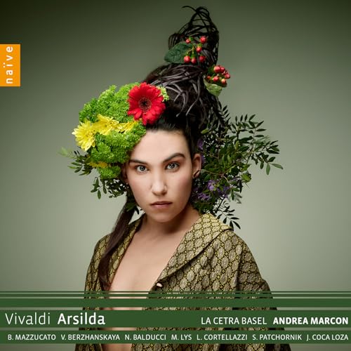 Woman with elaborate floral headpiece, album cover for Vivaldi's Arsilda.