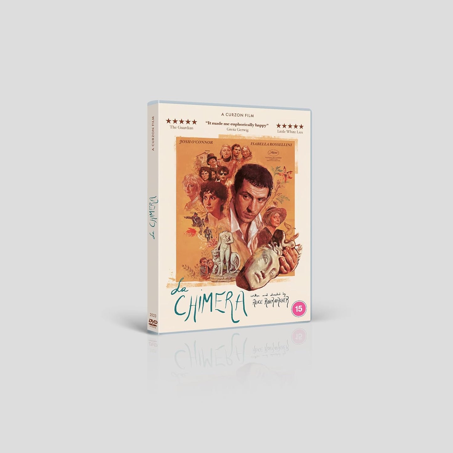 DVD cover for La Chimera featuring an illustrated collage of actors and a statue.