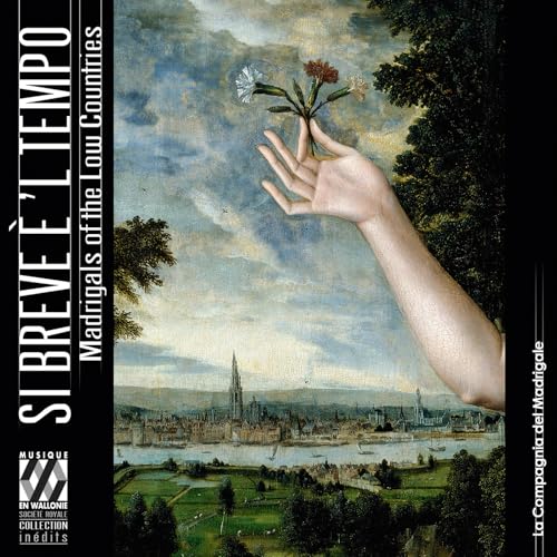 CD cover with a hand holding flowers over a landscape painting.