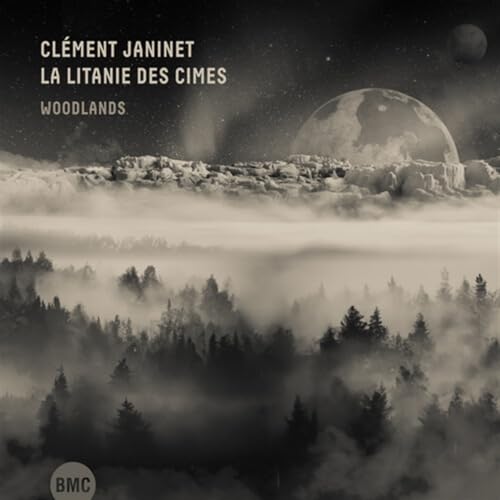 Album cover featuring a misty forest, mountains, and a large moon in space.