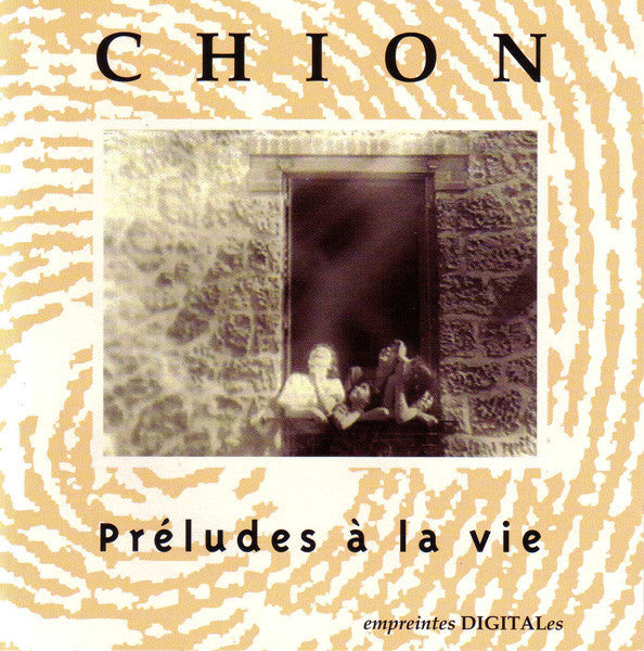 CD cover with a doorway scene and abstract beige patterned background.