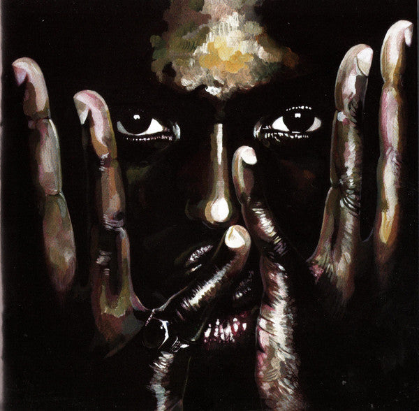 Dark painting of a face formed by hands, with bright highlights.