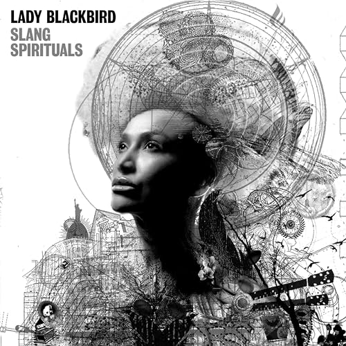 Black and white portrait of Lady Blackbird overlaid with intricate geometric and architectural illustrations.