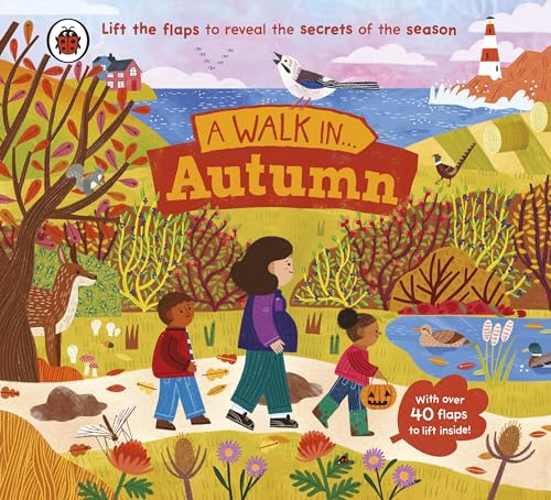 Children walk through an autumn landscape with animals and colorful foliage.