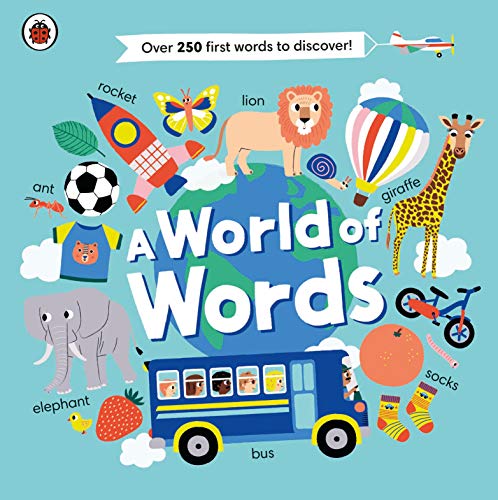 Colorful children’s book cover, “A World of Words,” with illustrated animals and objects.