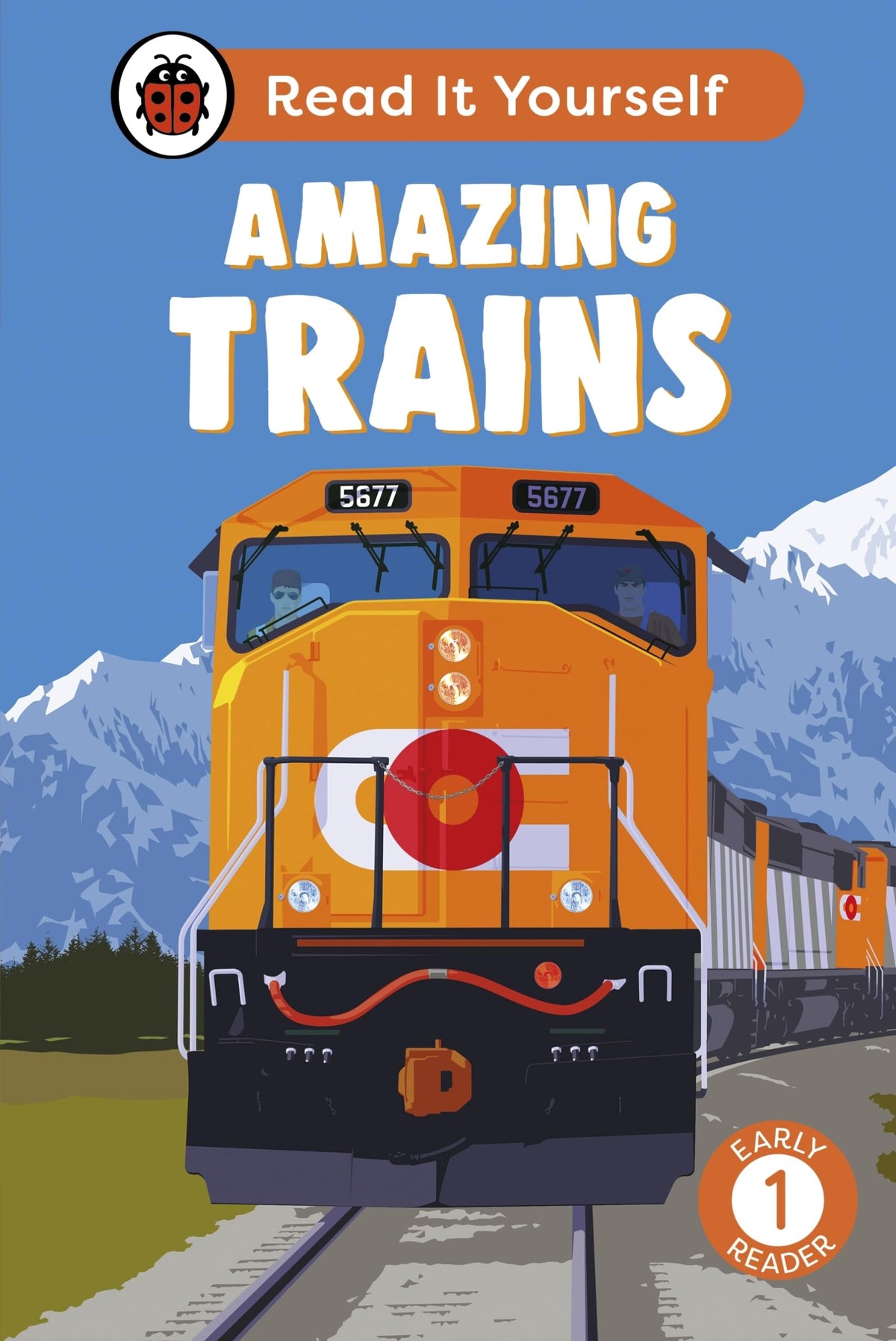 Book cover featuring a bright orange and yellow locomotive with the title "Amazing Trains".