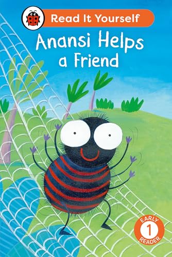 Book cover featuring Anansi the spider with a web and green foliage.