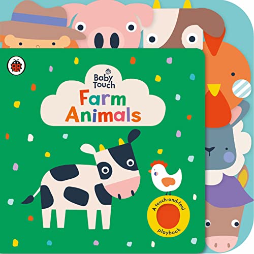 Green board book cover with illustrated farm animals and touch-and-feel textures.
