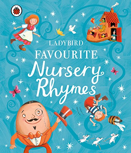 "Children's book cover featuring nursery rhyme characters on a blue background with white stars."
