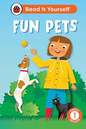A girl in a yellow jacket plays with a dog and cat outdoors.