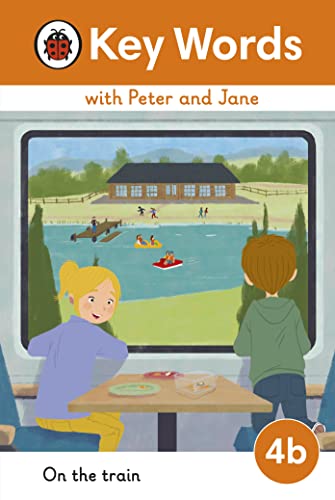 Children looking out a train window at a lake with boats.