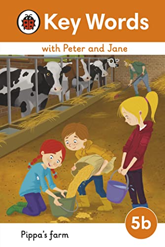 Children feeding cows at a farm, book cover with text "Key Words 5b".