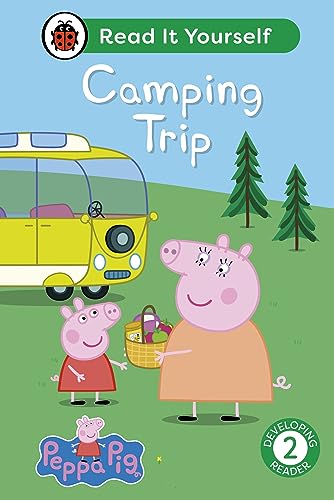Peppa Pig and family with a yellow bus, camping scene.