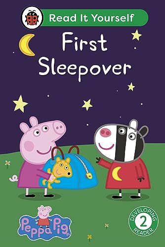 Peppa Pig and Zoe Zebra standing on grass at night with a blue bag.