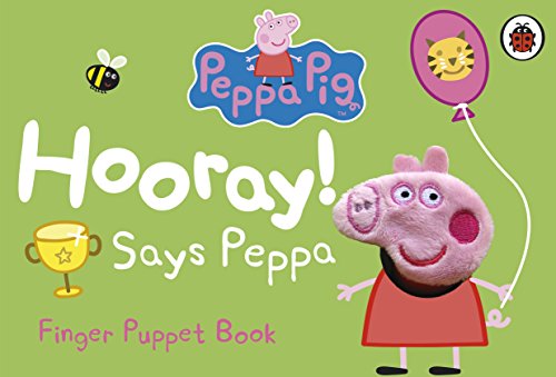Peppa Pig book cover with finger puppet, balloon, and bee illustrations.