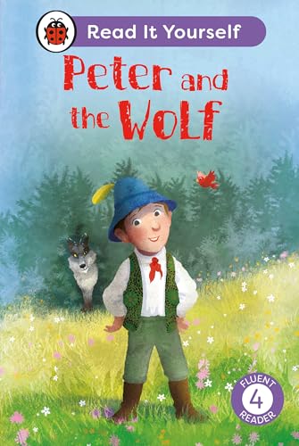 Book cover: Peter and the Wolf, featuring a boy, a wolf, and a bird.