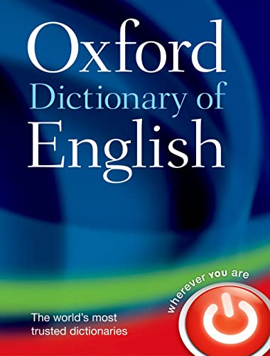 Book cover with blue swirls and white text: "Oxford Dictionary of English".