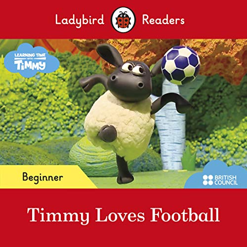 Timmy the sheep balances a football on his head in a green field.