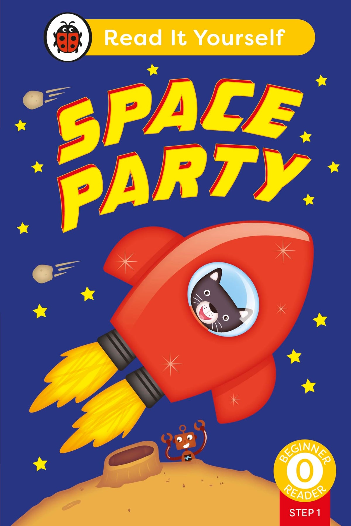 Book cover: “Space Party” with a rocket, cat, and stars.