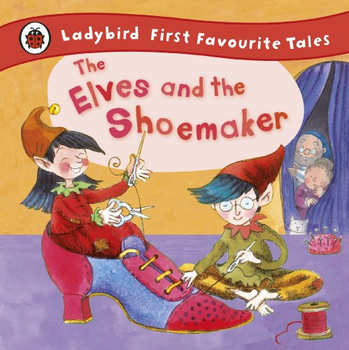 Two elves sew a large shoe while an elderly couple watches from behind curtains.
