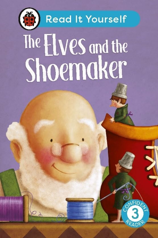 Book cover showing a smiling shoemaker with two small elves beside a shoeCB boot.