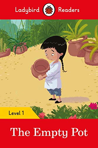 Girl holding an empty pot in a garden, book cover illustration.