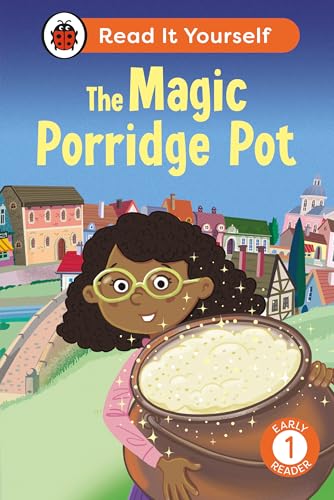 Book cover: girl with a large pot of porridge, village background.