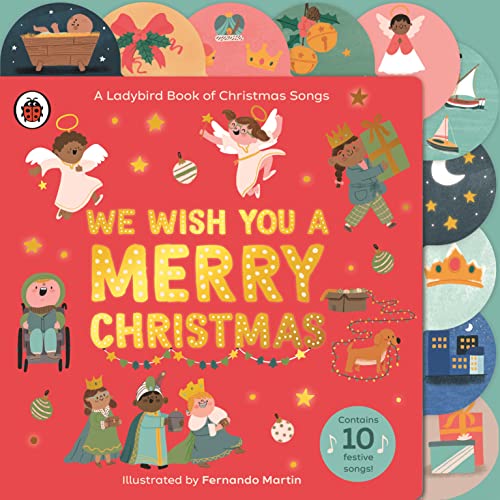 Red Christmas songbook with illustrations of angels and the Three Wise Men.
