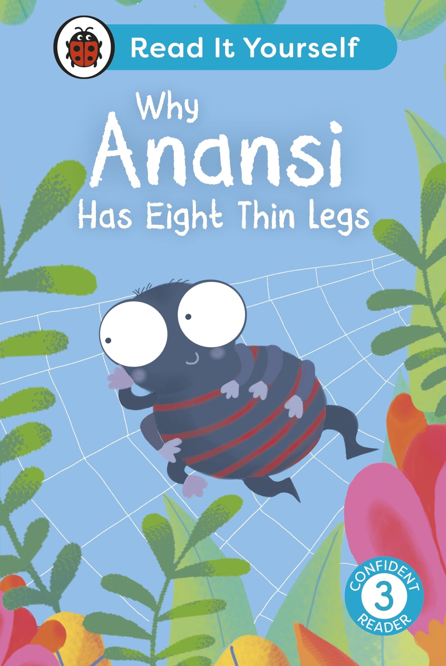 Book cover featuring Anansi the spider with eight legs and blue foliage.