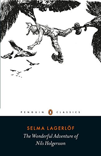 Book cover: boy riding a goose, black and white illustration.