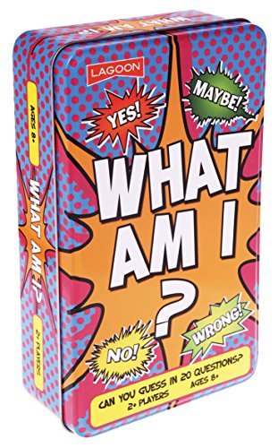 Colorful tin game box with comic-style “WHAT AM I?” text and speech bubbles.